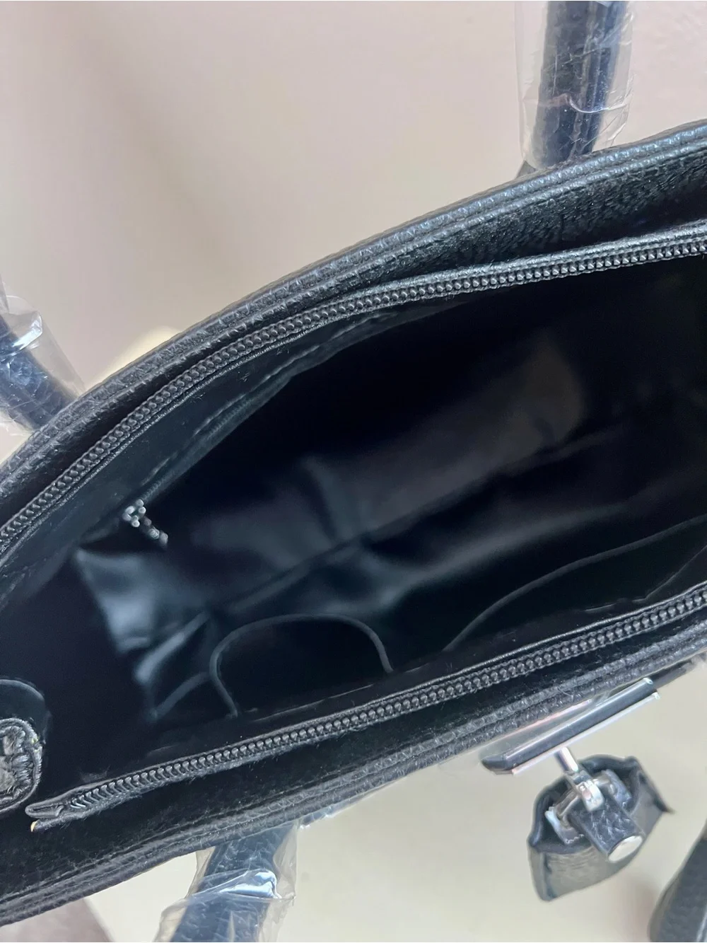 New Black Pebbled Leather Structured Satchel Handbag | Silver Lock Accent Tote